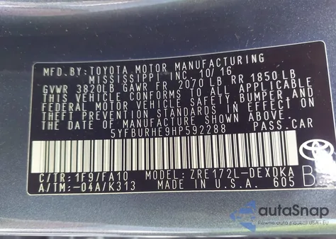 2017 Toyota Corolla L из США, поврежденный, VIN 5YFBURHE9HP592288